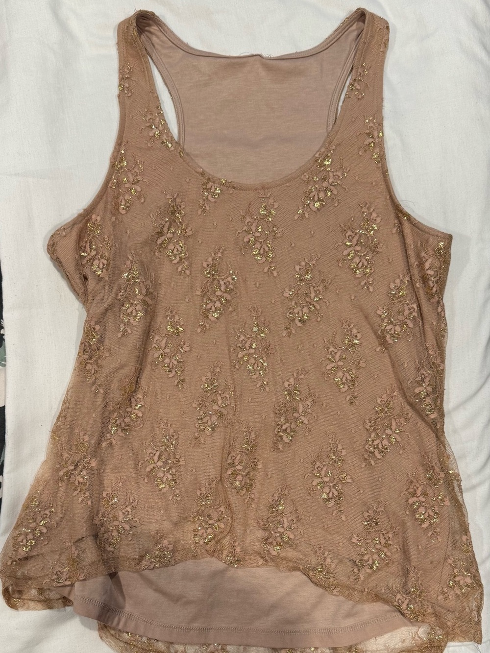 Y2K women’s Embroidered Sheer Overlay Top in Taupe with Gold Accents size Medium